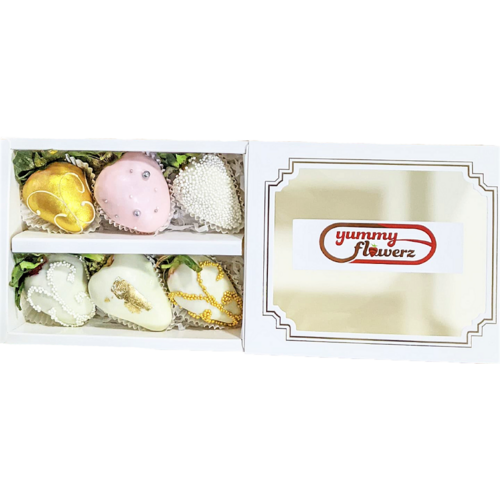 6pcs White Gold Pink Chocolate Strawberries Gift Box